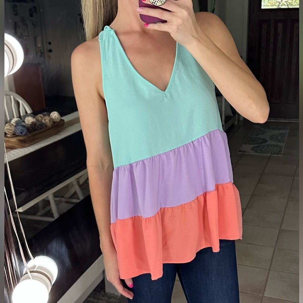 BiBi Purple Peach & Aqua Blue Color Block Tiered Tie Shoulder Boho Tank